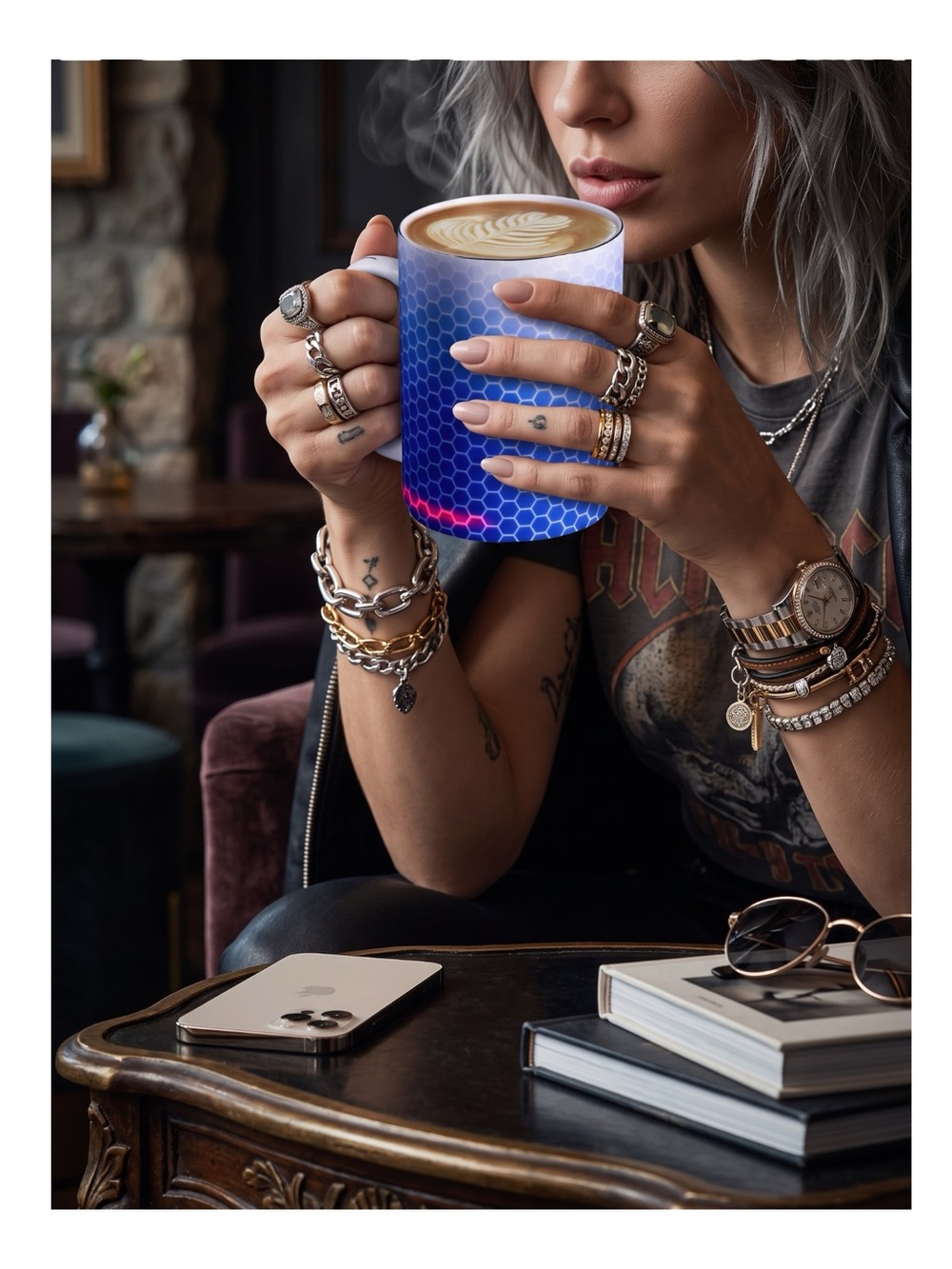 Glowstone 𖤗 Smart Wireless Heated Coffee Mug 𖤗 Blue Honeycomb 𖤗 Brookstone 𖤗